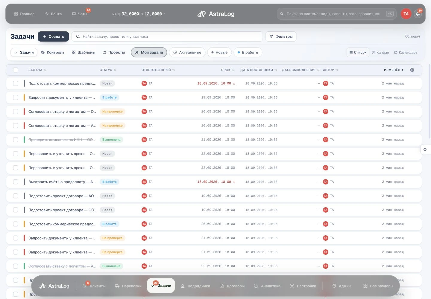 Реальный список задач тестовой CRM: статусы, ответственные, сроки и контроль исполнения